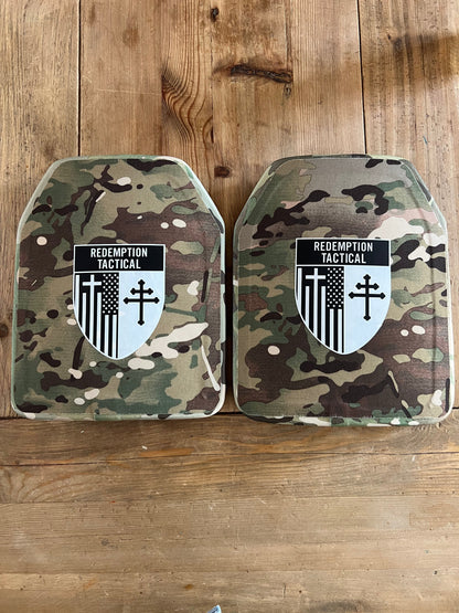 Pair of 10x12 Level IV Ceramic PE Plates Ballistic FRONT AND BACK (SIZE SMALL to LARGE) Curved with Shooters Cut
