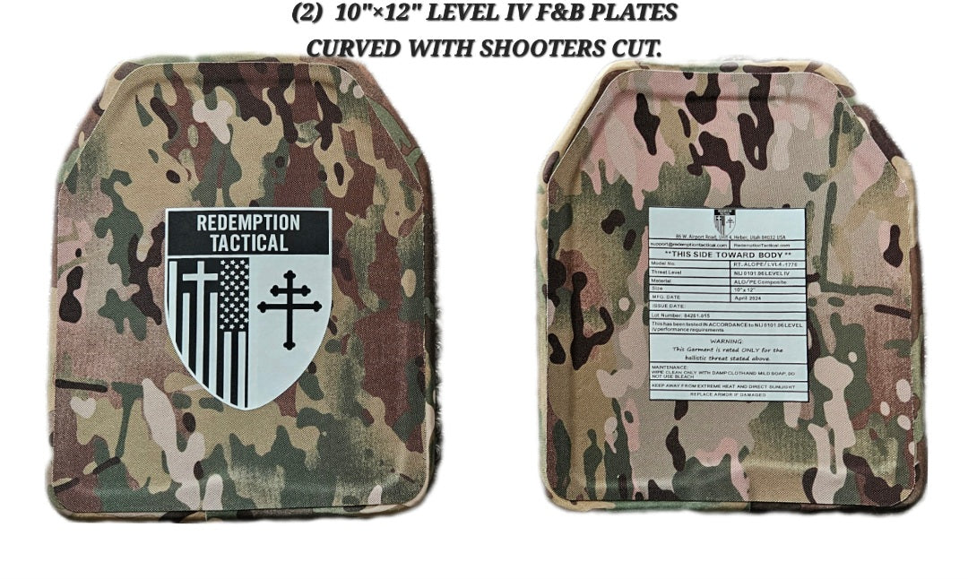 Pair of 10x12 Level IV Ceramic PE Plates Ballistic FRONT AND BACK (SIZE SMALL to LARGE) Curved with Shooters Cut